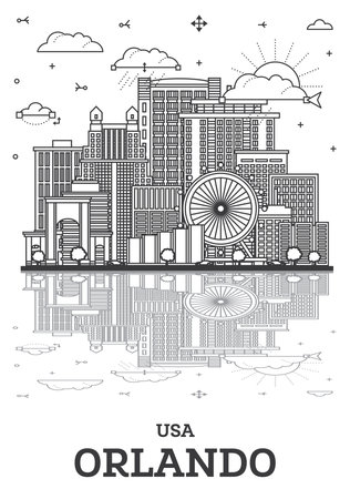 Outline Orlando Florida City Skyline with Modern Buildings and Reflections Isolated on White. vector illustration. Orlando USA Cityscape with Landmarks.のイラスト素材