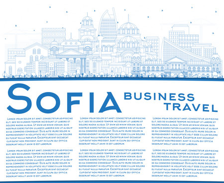Outline Sofia Bulgaria City Skyline with Blue Buildings and Copy Space. vector illustration. Sofia Cityscape with Landmarks. Business Travel and Tourism Concept with Historic Architecture.のイラスト素材