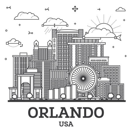 Outline Orlando Florida City Skyline with Modern and Historic Buildings Isolated on White. vector illustration. Orlando USA Cityscape with Landmarks.のイラスト素材