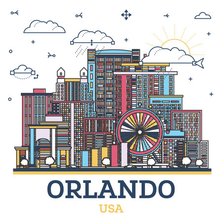 Outline Orlando Florida City Skyline with Colored Modern and Historic Buildings Isolated on White. vector illustration. Orlando USA Cityscape with Landmarks.のイラスト素材