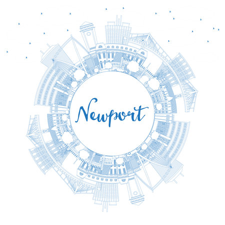 Outline Newport Wales City Skyline with Blue Buildings and Copy Space. vector illustration. Newport UK Cityscape with Landmarks. Business Travel and Tourism Concept with Historic Architecture.のイラスト素材
