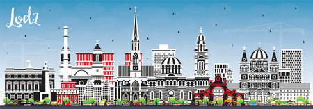 Lodz Poland City Skyline with Color Buildings and Blue Sky. vector illustration. Lodz Cityscape with Landmarks. Business Travel and Tourism Concept with Historic Architecture.のイラスト素材