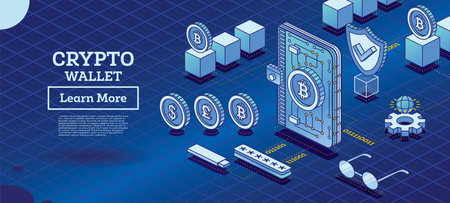 Isometric Crypto Wallet Connected to Blockchain. Cryptocurrency Industry. Outline Concept of Blockchain Technology with Cubes. vector illustration.のイラスト素材
