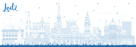 Outline Lodz Poland City Skyline with Blue Buildings. vector illustration. Lodz Cityscape with Landmarks. Business Travel and Tourism Concept with Historic Architecture.のイラスト素材