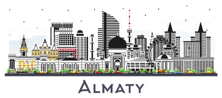 Almaty Kazakhstan City Skyline with Color Buildings Isolated on White. vector illustration. Almaty Cityscape with Landmarks. Business Travel and Tourism Concept with Modern Architecture.のイラスト素材