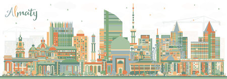 Almaty Kazakhstan City Skyline with Color Buildings. vector illustration. Almaty Cityscape with Landmarks. Business Travel and Tourism Concept with Modern Architecture.のイラスト素材