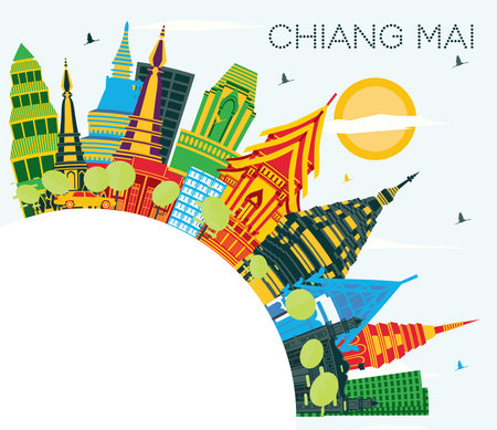 Chiang Mai Thailand City Skyline with Color Buildings, Blue Sky and Copy Space. vector illustration. Business Travel and Tourism Concept with Modern Architecture. Chiang Mai Cityscape with Landmarks.のイラスト素材