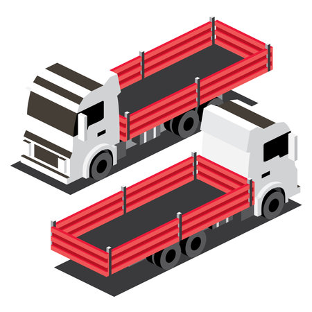 Isometric Red Flatbed Cargo Truck. commercial transport. Logistics. City Object for Infographics. vector illustration. Car for Carriage of Goods. Front and back view.のイラスト素材