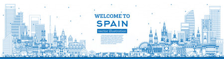 Welcome to Spain. Outline City Skyline with Blue Buildings. vector illustration. Modern and Historic Architecture. Spain Cityscape with Landmarks. Madrid. Barcelona. Valencia. seville. Zaragoza.のイラスト素材