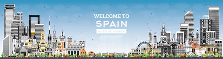 Welcome to Spain. City Skyline with Gray Buildings and Blue Sky. vector illustration. Modern and Historic Architecture. Spain Cityscape with Landmarks. Madrid. Barcelona. Valencia. seville. Zaragoza.のイラスト素材