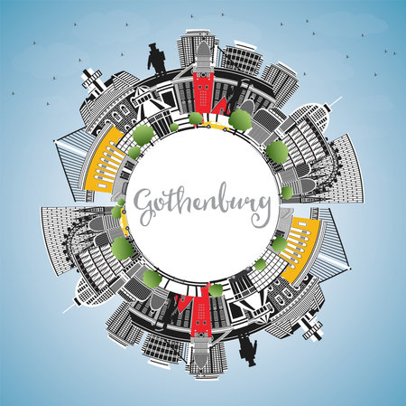 Gothenburg Sweden City Skyline with Color Buildings, Blue Sky and Copy Space. vector illustration. Gothenburg Cityscape with Landmarks. Business Travel and Tourism Concept with Historic Architecture.のイラスト素材