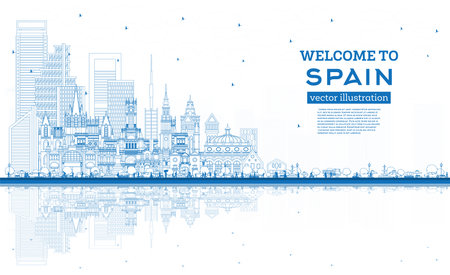 Welcome to Spain. Outline City Skyline with Blue Buildings and Reflections. vector illustration. historical architecture. Spain Cityscape with Landmarks. Madrid. Barcelona. Valencia. seville. Zaragoza.のイラスト素材