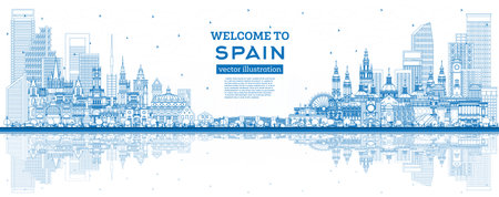 Welcome to Spain. Outline City Skyline with Blue Buildings and Reflections. vector illustration. historical architecture. Spain Cityscape with Landmarks. Madrid. Barcelona. Valencia. seville. Zaragoza.のイラスト素材