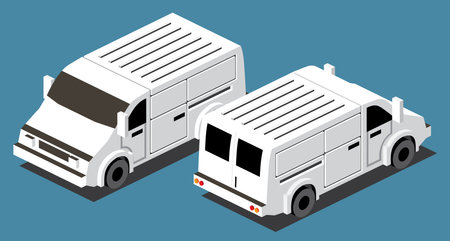 Isometric Commercial Vehicle. White Van on Blue Background. Front and back view. vector illustration.のイラスト素材
