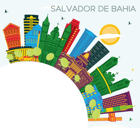Salvador de Bahia City Skyline with Color Buildings, Blue Sky and Copy Space. vector illustration. Travel and Tourism Concept with Historic Architecture. Salvador de Bahia Cityscape with Landmarks.のイラスト素材