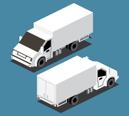 Isometric Cargo Truck. commercial transport. logistics. 3D City Object for Infographics. vector illustration. Car for Carriage and Delivery of Goods. Back and front view. Lorry Mockup Template.のイラスト素材