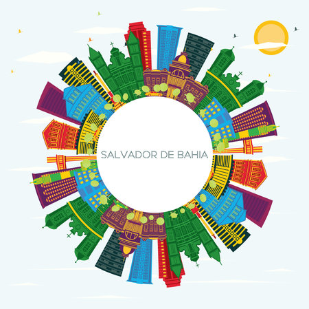 Salvador de Bahia City Skyline with Color Buildings, Blue Sky and Copy Space. vector illustration. Travel and Tourism Concept with Historic Architecture. Salvador de Bahia Cityscape with Landmarks.のイラスト素材
