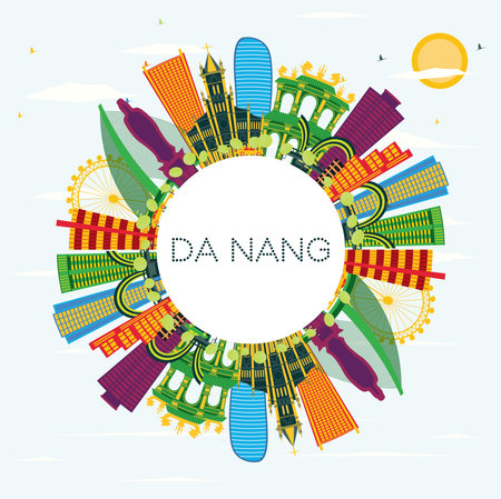 Da Nang Vietnam City Skyline with Color Buildings, Blue Sky and Copy Space. vector illustration. Business Travel and Tourism Concept with Modern Architecture. Da Nang Cityscape with Landmarks.のイラスト素材