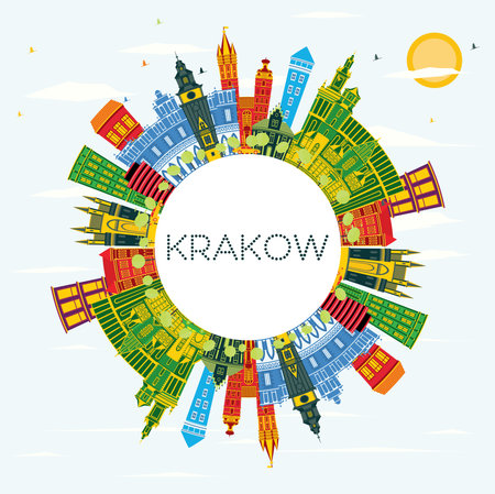 Krakow Poland City Skyline with Color Buildings, Blue Sky and Copy Space. vector illustration. Business Travel and Tourism Concept with Historic Architecture. Krakow Cityscape with Landmarks.のイラスト素材