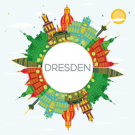 Dresden Germany City Skyline with Color Buildings, Blue Sky and Copy Space. vector illustration. Business Travel and Tourism Concept with Historic Architecture. Dresden Cityscape with Landmarks.のイラスト素材