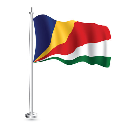 Seychelles Flag. Isolated Realistic Wave Flag of Seychelles Country on Flagpole. vector illustration.のイラスト素材