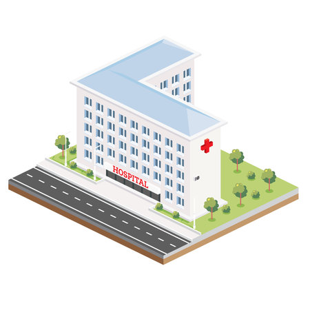 Isometric Building of Hospital. Icon or Infographic Element. vector illustration. city clinic. Architectural Symbol Isolated on White Background.のイラスト素材