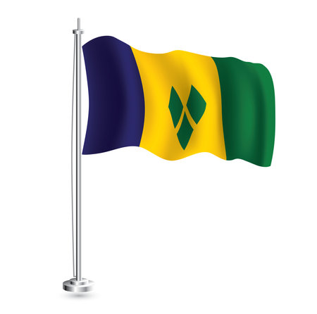 Saint Vincent and the Grenadines Flag. Isolated Realistic Wave Flag of Saint Vincent and the Grenadines Country on Flagpole. vector illustration.のイラスト素材