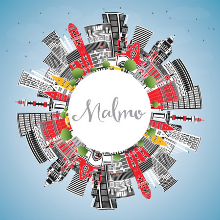 Malmo Sweden City Skyline with Color Buildings, Blue Sky and Copy Space. vector illustration. Malmo Cityscape with Landmarks. Business Travel and Tourism Concept with Historic Architecture.のイラスト素材