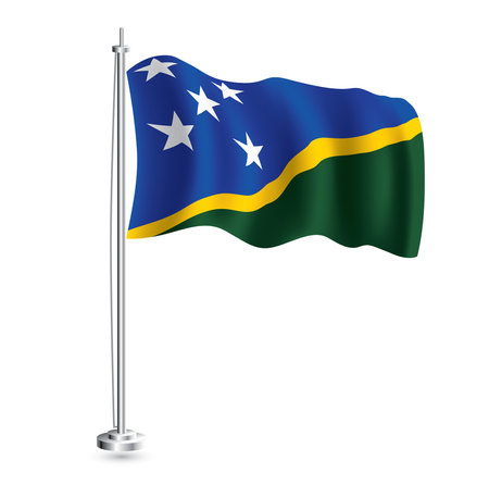 Solomon Islands Flag. Isolated Realistic Wave Flag of Solomon Islands Country on Flagpole. vector illustration.のイラスト素材