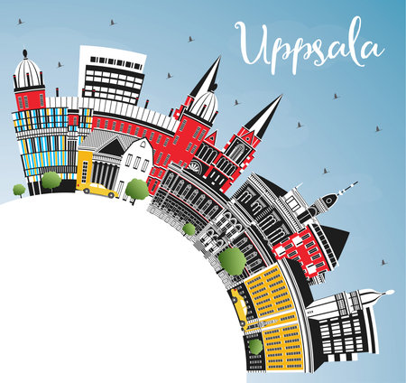 Uppsala Sweden City Skyline with Color Buildings, Blue Sky and Copy Space. vector illustration. Uppsala Cityscape with Landmarks. Business Travel and Tourism Concept with Historic Architecture.のイラスト素材