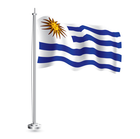 Uruguayan Flag. Isolated Realistic Wave Flag of Uruguay Country on Flagpole. vector illustration.のイラスト素材