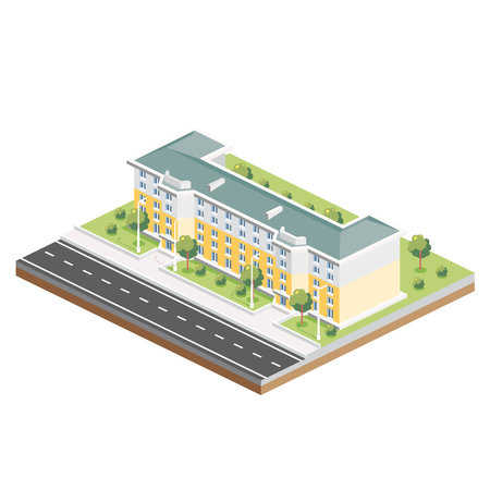 Isometric Residential Five Storey Building. Icon or Infographic Element. vector illustration. city home. Architectural Symbol Isolated on White Background. 3D Object for Video Games.のイラスト素材
