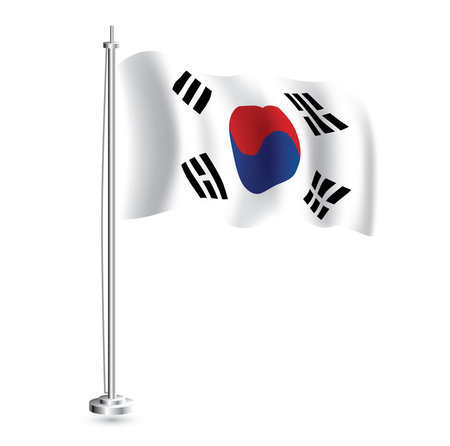 South Korea Flag. Isolated Realistic Wave Flag of South Korea Country on Flagpole. vector illustration.のイラスト素材