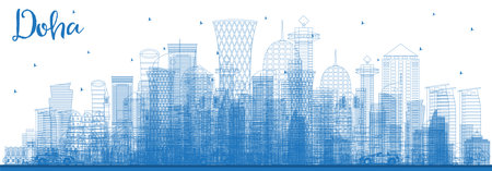 Outline Doha Qatar City Skyline with Blue Buildings. vector illustration. Business Travel and Concept with Modern Architecture. Doha Cityscape with Landmarks.のイラスト素材
