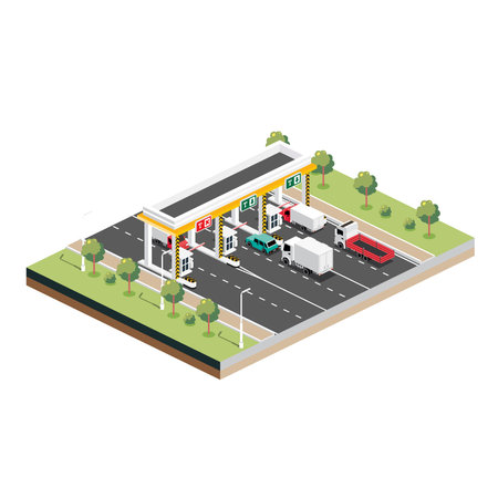 Isometric Toll Road with Trucks and Cars. payment checkpoint. Toll Collection Area in the Turnpike. vector illustration. landscape with trees.のイラスト素材