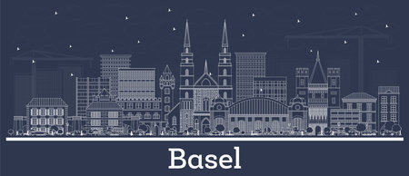 Outline Basel Switzerland City Skyline with White Buildings. vector illustration. Business Travel and Tourism Concept with Historic Architecture. Basel Cityscape with Landmarks.のイラスト素材