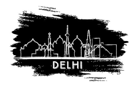 Delhi India City Skyline Silhouette. Hand Drawn Sketch. Business Travel and Tourism Concept with Modern Architecture. vector illustration. Delhi Cityscape with Landmarks.のイラスト素材
