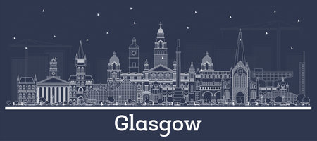 Outline Glasgow Scotland City Skyline with White Buildings. vector illustration. Business Travel and Tourism Concept with Historic Architecture. Glasgow Cityscape with Landmarks.のイラスト素材