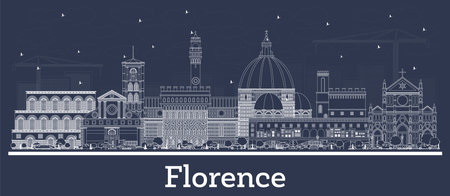 Outline Florence Italy City Skyline with White Buildings. vector illustration. Business Travel and Tourism Concept with Modern Architecture. Florence Cityscape with Landmarks.のイラスト素材