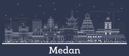 Outline Medan Indonesia City Skyline with White Buildings. vector illustration. Business Travel and Tourism Concept with Historic Architecture. Medan Cityscape with Landmarks.のイラスト素材