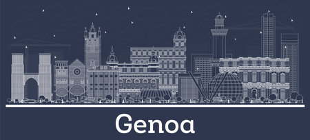 Outline Genoa Italy City Skyline with White Buildings. vector illustration. Business Travel and Tourism Concept with Modern Architecture. Genoa Cityscape with Landmarks.のイラスト素材