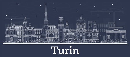 Outline Turin Italy City Skyline with White Buildings. vector illustration. Business Travel and Tourism Concept with Modern Architecture. Turin Cityscape with Landmarks.のイラスト素材