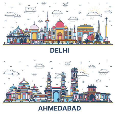 Outline Ahmedabad and Delhi India City Skyline Set with Colored Historic Buildings Isolated on White. Cityscape with Landmarks.の写真素材