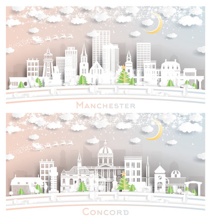 Concord and Manchester New Hampshire. Winter City Skyline Set in Paper Cut Style with Snowflakes, Moon and Neon Garland. Christmas and New Year Concept.の写真素材