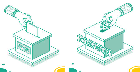 Voting concept. Hand Puts Vote Bulletin into Vote Box. Isometric Election Concept with Ballot Box. Hand Putting Money in Donation Box.の写真素材