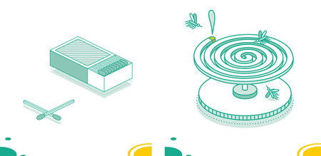 Isomeric Matchbox and Matches Isolated on White. outline concept. Mosquito Coil with Mosquitoes.の写真素材