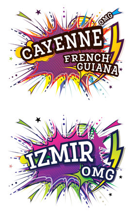 Izmir Turkey and Cayenne French Guiana Comic Text in Pop Art Style Isolated on White Background. Retro Artwork Set with Geometric Design Elements.の写真素材