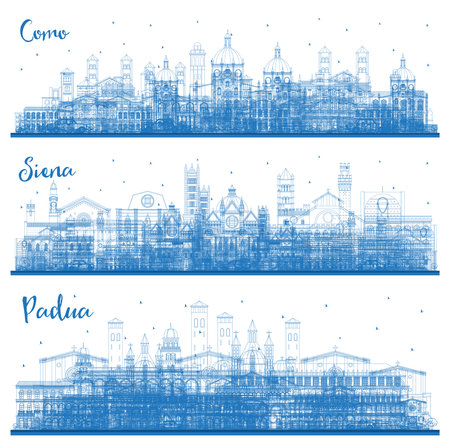 Outline Siena, Padua and Como Italy City Skyline Set with Blue Buildings. Business Travel and Concept with Historic Architecture. Cityscape with Landmarks.の写真素材