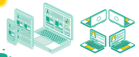 Smartphone, Laptop and Tablet PC. Isometric Modern Digital Device Set Isolated on White Background. Display with touchscreen. Web Interface on the Screen. UI design.の写真素材