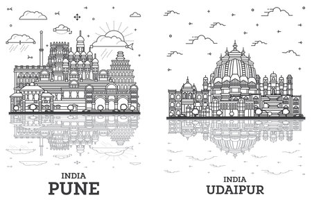 Outline Udaipur and Pune India City Skyline Set with Historic Buildings and Reflections Isolated on White. Cityscape with Landmarks.の写真素材